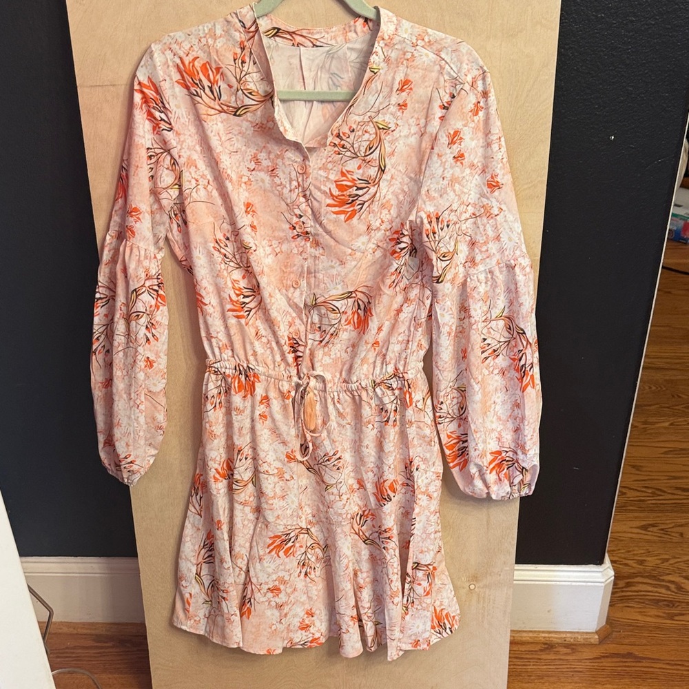 Floral Pink Orange Drawstring Waist Dress